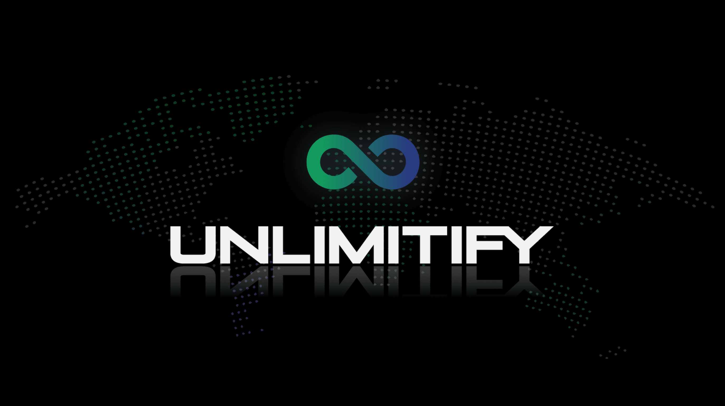 Unlimitify company logo over a world-map dot pattern