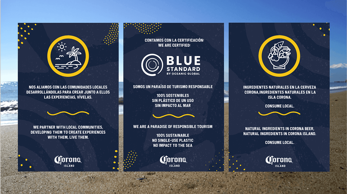 Sustainability commitments displayed as three icon cards