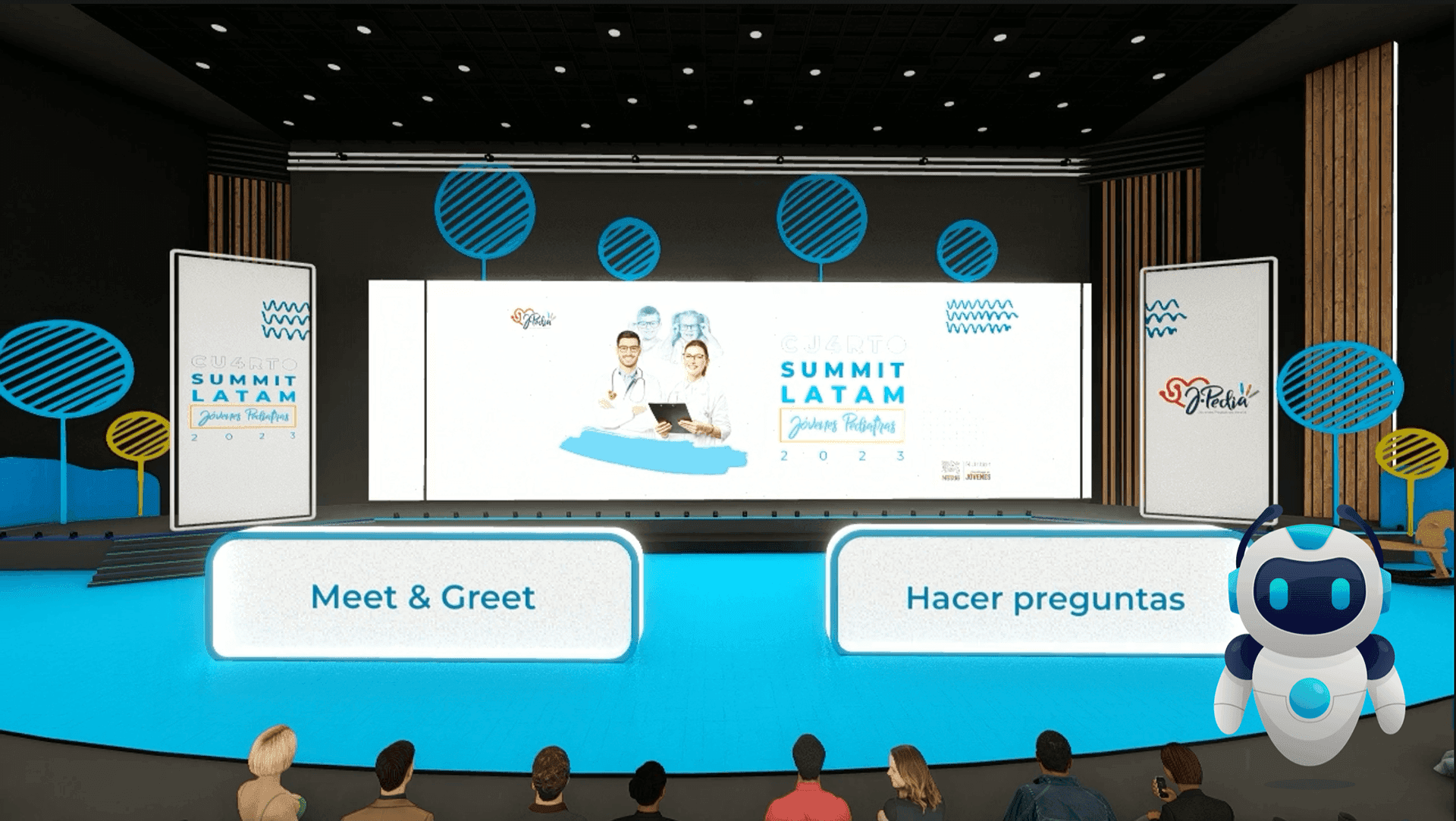 Rendered summit stage with "Meet & Greet" and "Hacer preguntas" panels