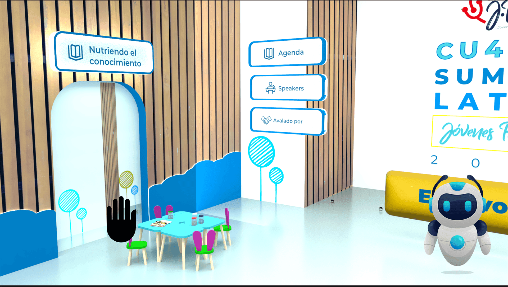 Rendered summit area themed "Nutriendo el conocimiento" with a kids' corner