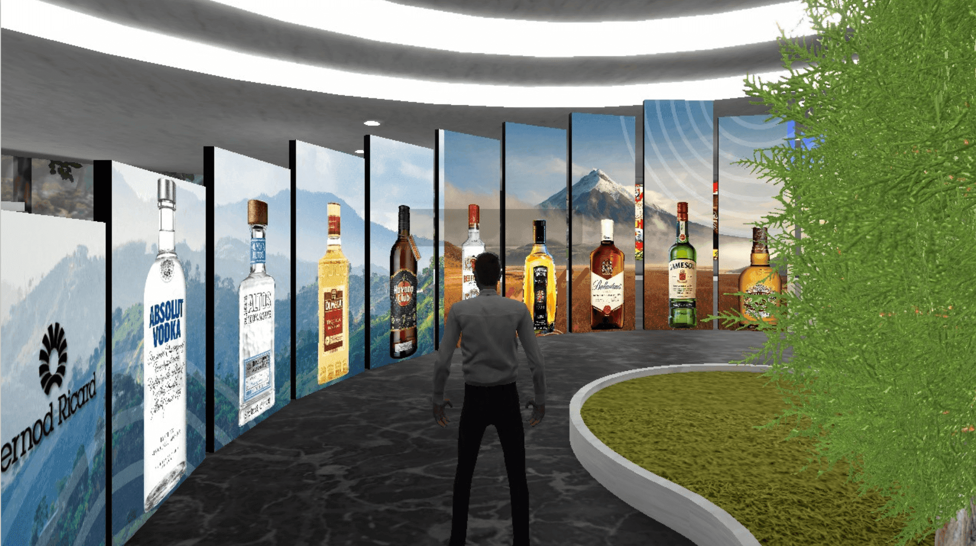 Render of a backlit museum corridor displaying the brand portfolio