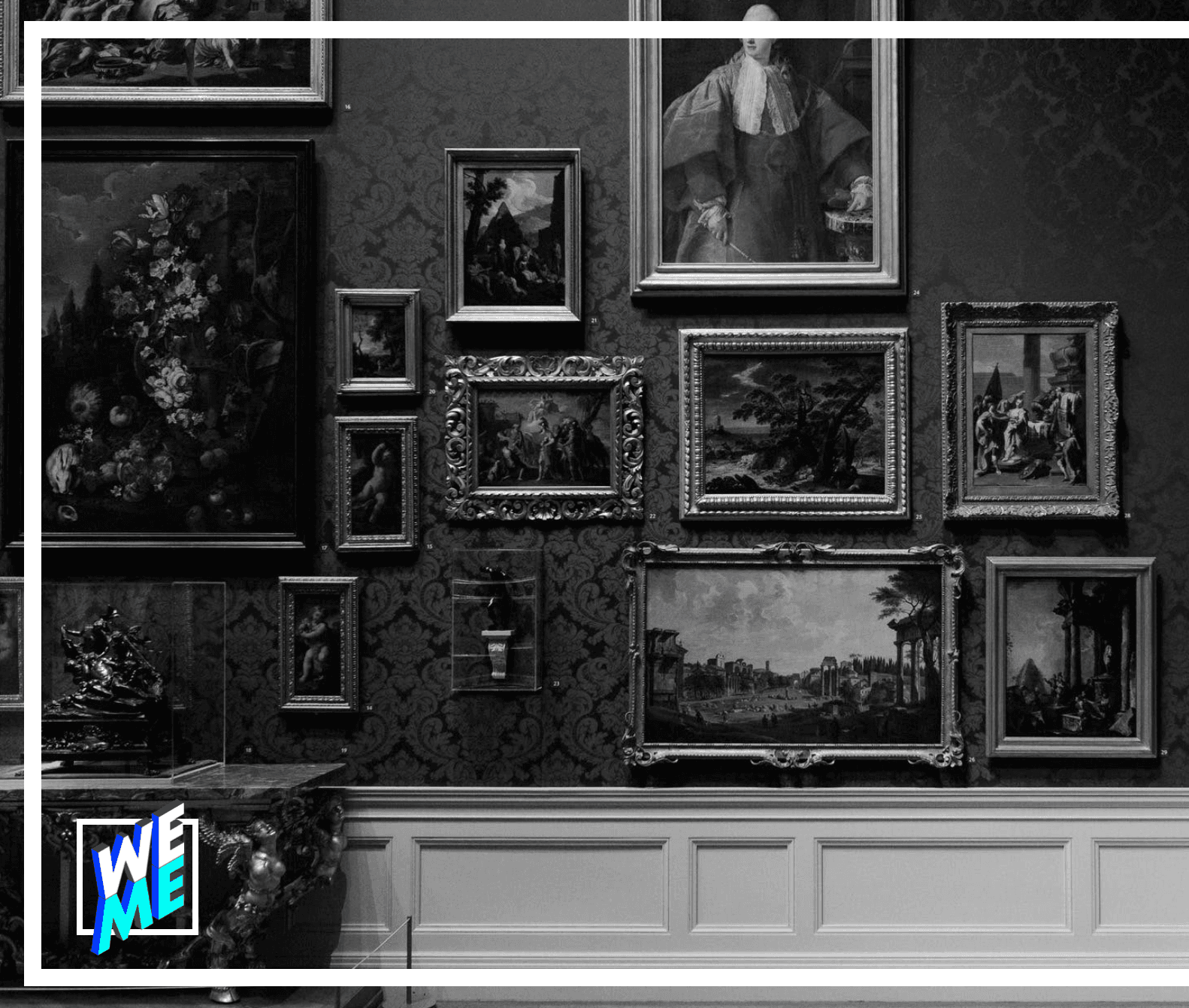 "WE ME" — a salon-hung wall of framed paintings
