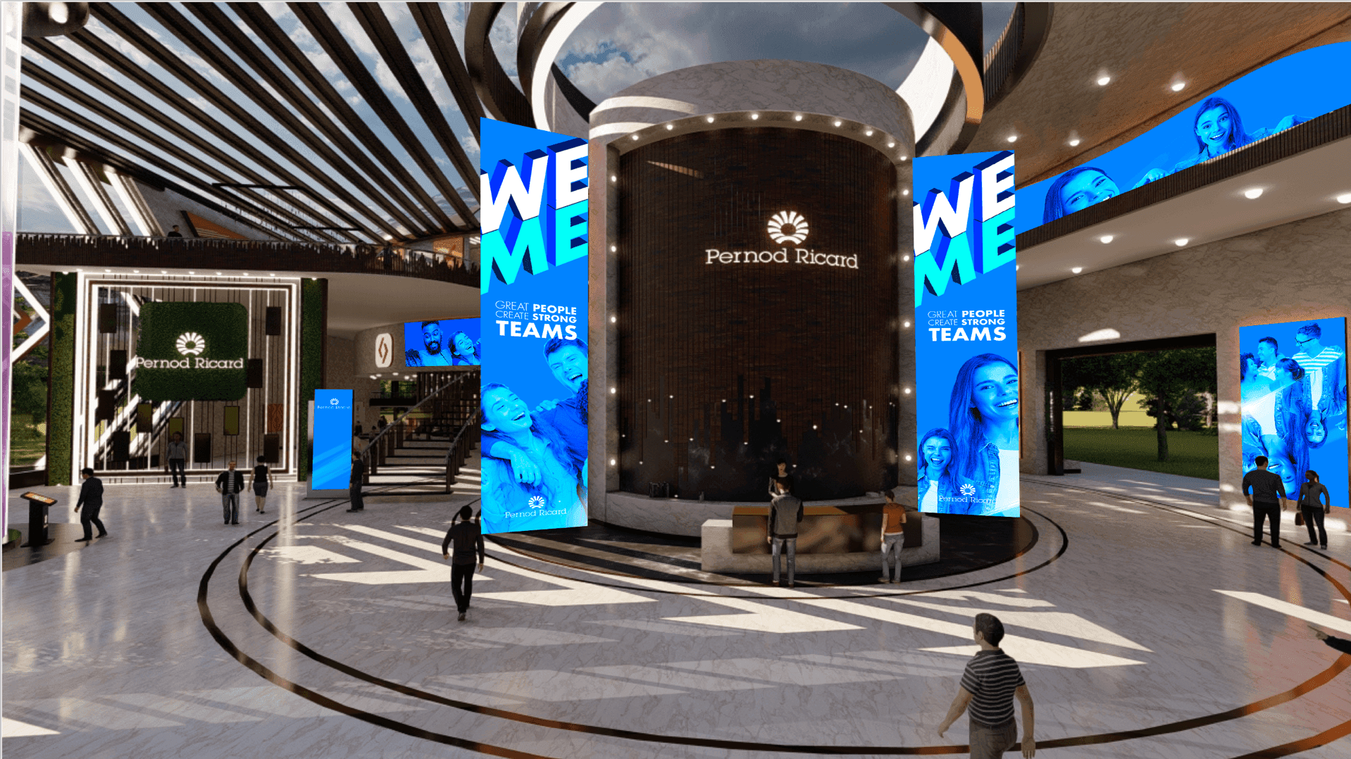 Render of the "Livent X" lobby atrium with "We Me" banners reading "Great people create strong teams"