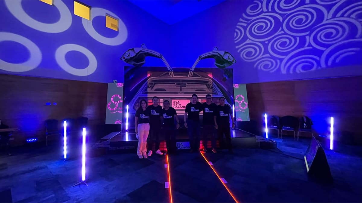 A DeLorean on display at an evening activation
