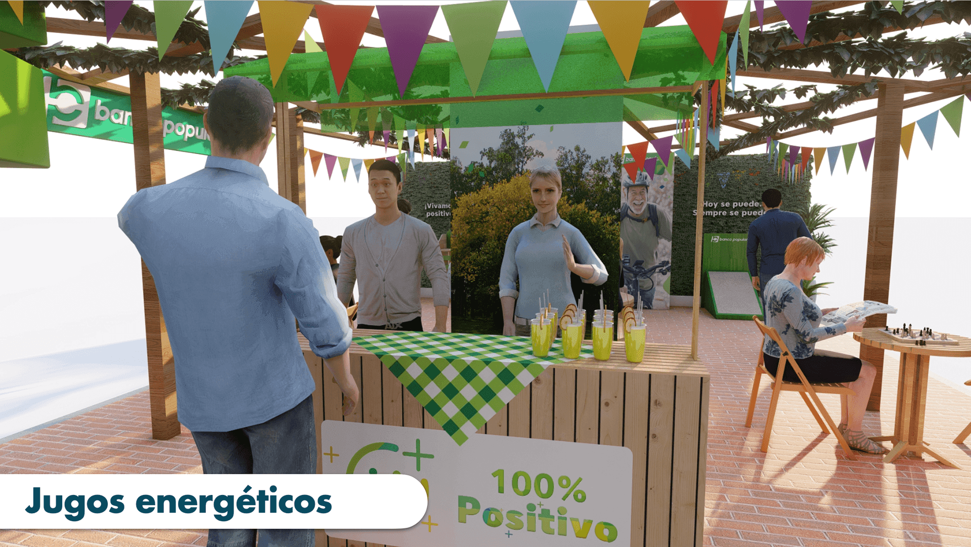 Render of the pavilion's energetic-juices stand under bunting