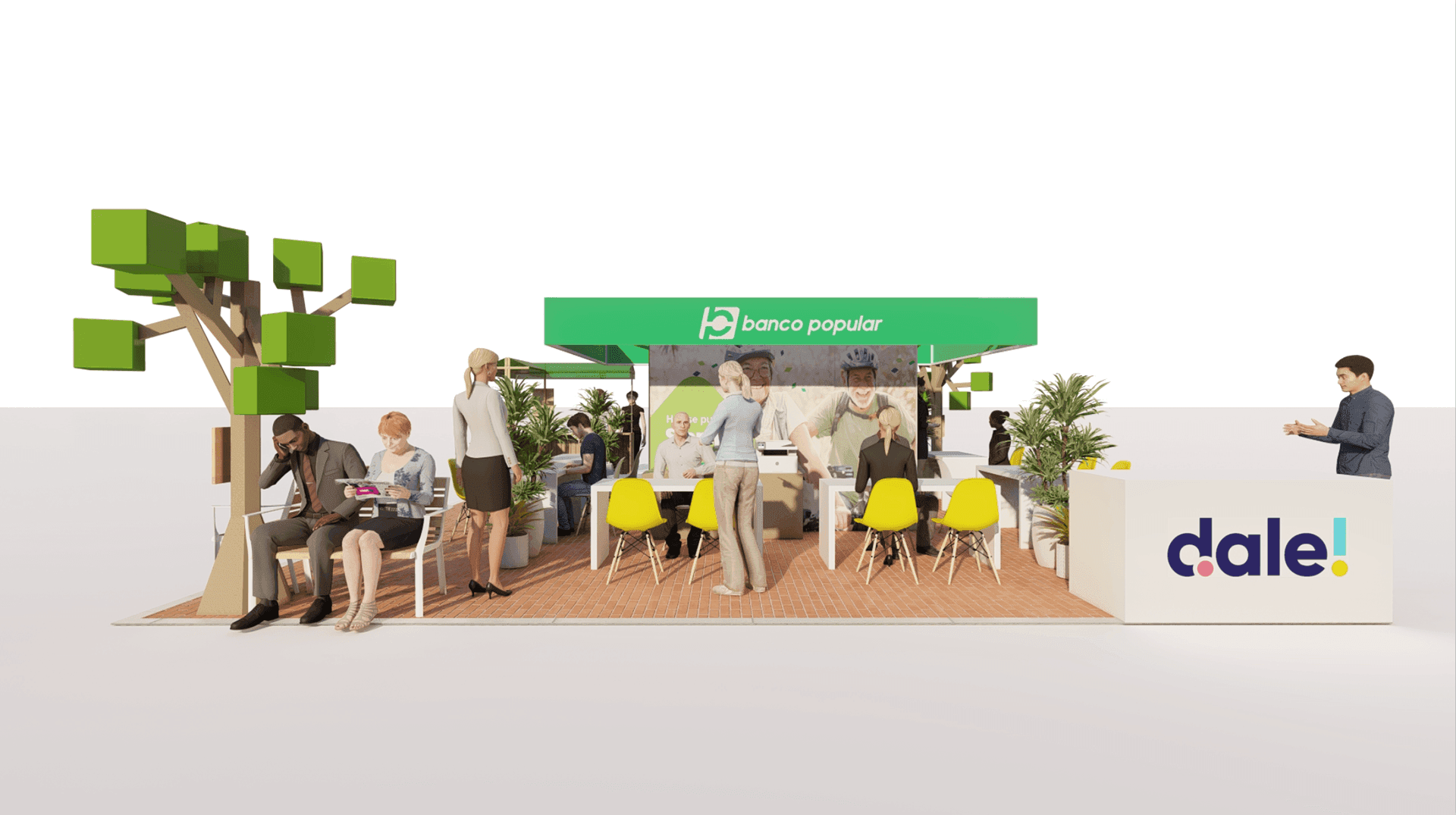 Render of the wider park space with the "dale!" activity pavilion