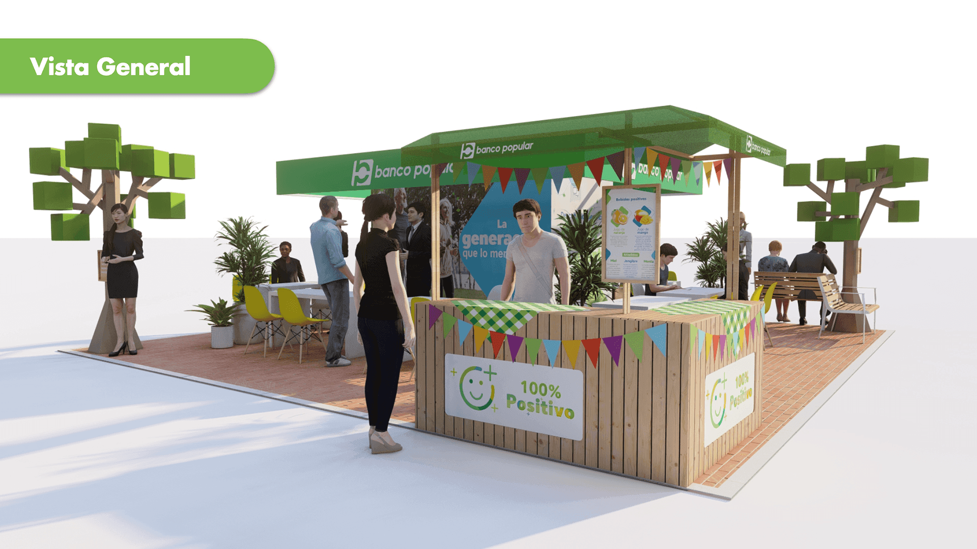 Render of the Banco Popular "100% Positivo" pop-up park pavilion